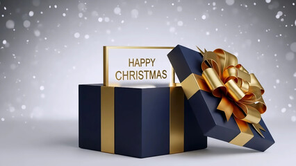 Luxury dark blue gift box opening with Happy Christmas card and gold ribbon on silver background.