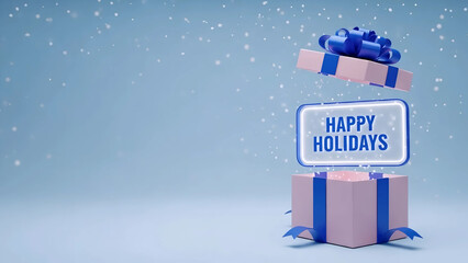 Pastel pink 3D gift box opening to reveal glowing Happy Holidays neon sign on blue background