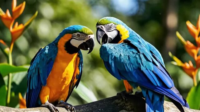 Jungle scene with macaws perched on a branch near a rock formation and river