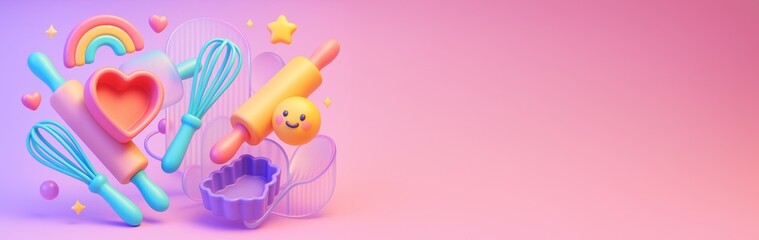 Colorful baking utensils and heart-shaped cookie cutter with cute cartoon elements on pink gradient background for design or advertising template. Ai generative