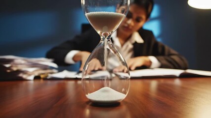 Man at office desk with hourglass. Macro timelapse of sand flowing as businessman reviews documents. Time management and deadline concept in work environment. - Powered by Adobe