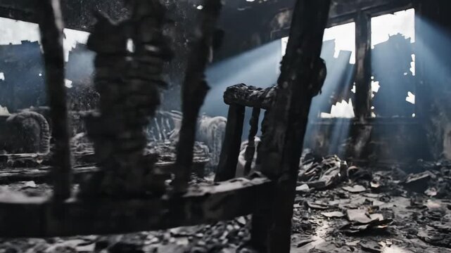 Eerie burnt room interior after fire disaster. Charred wooden chairs and table amid debris on floor. Slow dolly shot of abandoned house with smoke and light beams through broken windows.