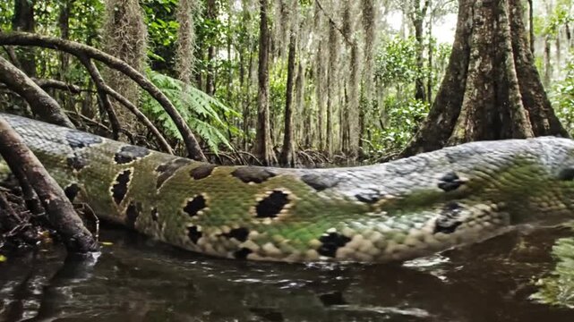 Large green anaconda in swampy water eye visible