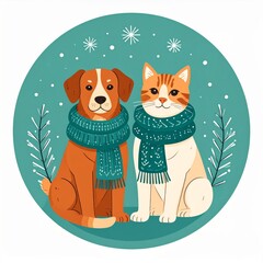 Fototapeta premium Illustration of Dog and Cat Wearing Scarves Against Winter Background in Teal Circle