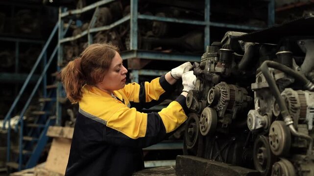 Woman Middle east technician or engineer checking auto part or car part at car part warehouse
