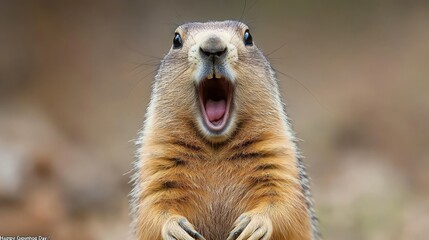 Fototapeta premium Funny wildlife photo for blogs/sites on humor, animals, or nature memes. A groundhog standing upright with its mouth wide open in a surprised or shouting expression