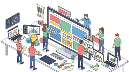 Team of designers collaborating on a large digital interface project.