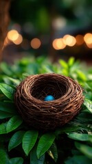 Obraz premium Bird's nest with blue egg on green leaves in natural setting