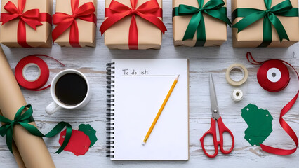 Christmas holiday planning and gift wrapping concept with to-do list and coffee on white wood