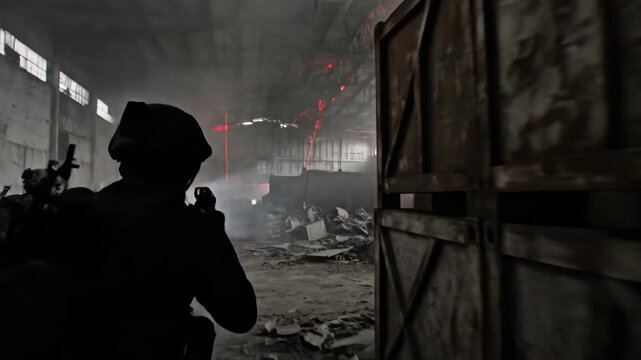 Two soldiers advancing through smoky warehouse ruins. Tactical team with rifles and flashlights in combat operation. Intense military raid scenario for action training videos.
