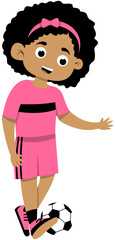 Curly haired brown skinned girl practicing inside foot pass step 3, soccer illustration. Editable Color Vector
