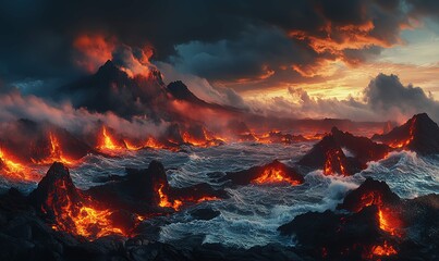Volcanic eruption creating a spectacular scene where fiery lava meets crashing ocean waves under a dramatic sky