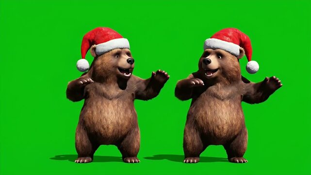 Dancing Christmas Bears Green Screen - Two cartoon bears wearing Santa hats dance against a green screen background. The bears are brown and animated, standing upright.