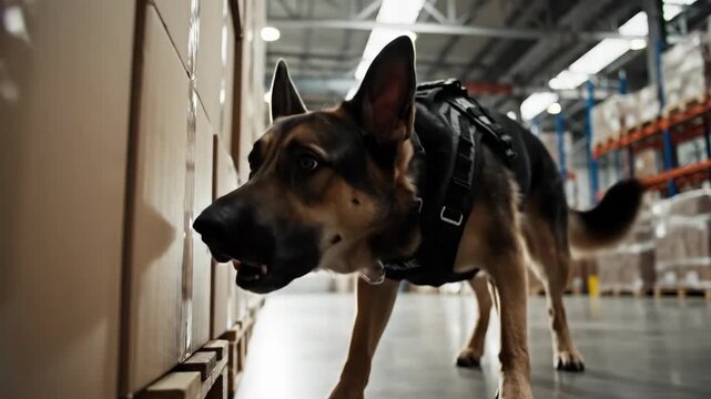 German shepherd dog sniffing along warehouse floor. Search and detection canine in industrial storage area. Low angle view of security patrol in boxed shelves environment.