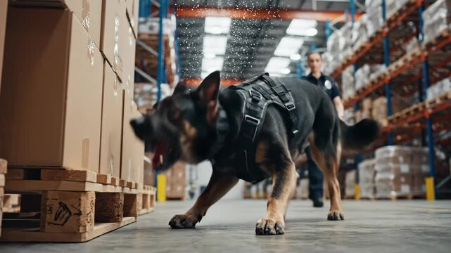 German shepherd dog patrolling warehouse aisle. Low angle tracking shot of working canine navigating storage shelves with boxes and pallets. Industrial security concept.