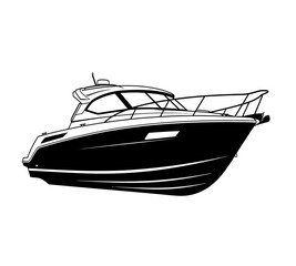 A sleek black and white illustration of a modern cabin cruiser boat on a white background