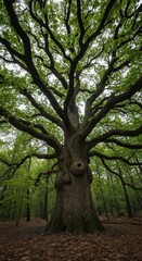 Obraz premium A colossal ancient oak tree dominates the forest canopy, its massive trunk and widespread branches providing shelter to the surrounding young saplings, environment, parent, ecosystem