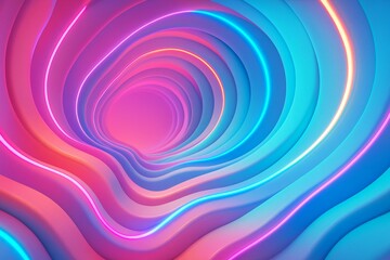 Obraz premium Abstract colorful tunnel with curved neon light waves in pink, purple, and cyan tones creating a dynamic flowing background concept. Ai generative