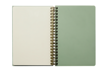 Open spiral notebook with blank cream and green pages for stationery design and notes, isolated on white background