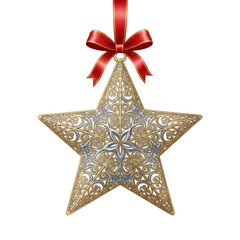 Fototapeta premium Elegant Gold Star Christmas Ornament with Red Ribbon.