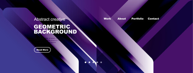 Modern website header design. Gradient purple shades dominate, featuring geometric shapes, text elements, navigation menu. Clean, stylish presentation.