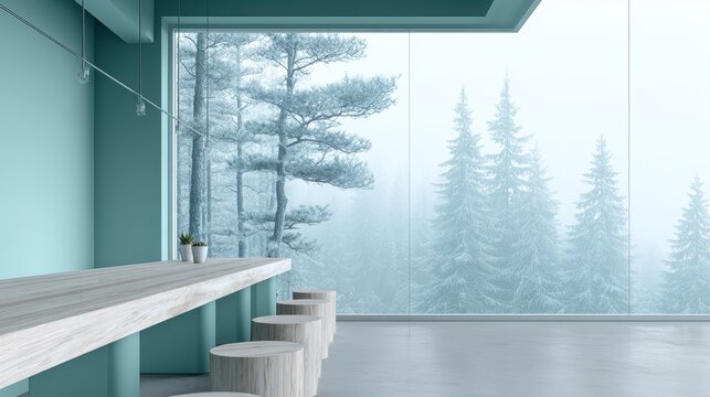  Serene Cabin Interior: Inside, the modern interior offers a tranquil respite, inviting viewers to pause and reflect, while the backdrop captures a misty, snow-laden landscape.