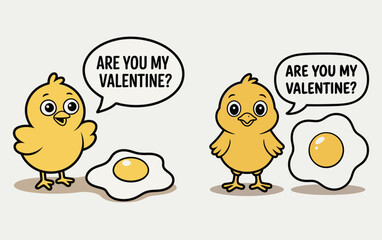 A charming cartoon chick humorously proposes to a fried egg on valentine's day