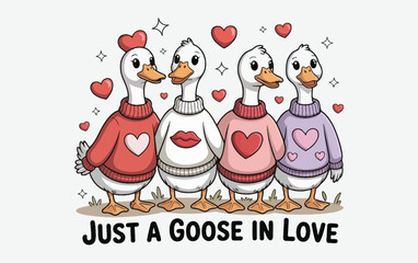 A heartwarming illustration of four cute geese celebrating love and valentine's day