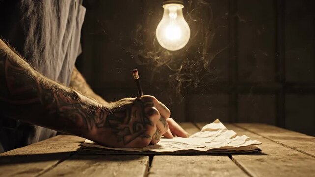 Over-the-shoulder closeup of mans tattooed hand writing on crumpled paper. Glowing light bulb hanging above evoking inspiration. Creative idea generation and brainstorming concept for writers and