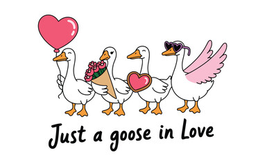 A whimsical illustration of four adorable geese celebrating love and romance