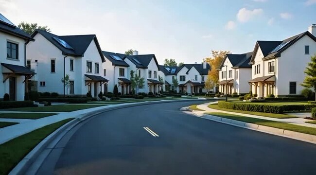 Modern Minimalist Suburban Housing Development with Solar Panels and Curved Road