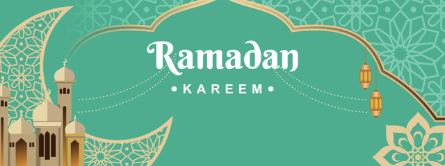Banner template of ramadan kareem fasting with islamic mosque lantern ornaments