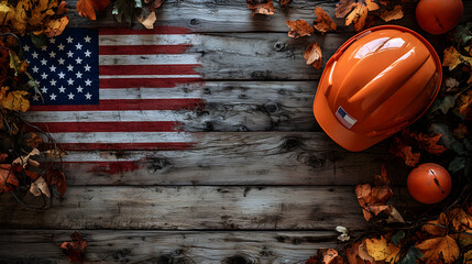 Labor Day Celebration with Hard Hat and U.S. Flag on Wooden Surface. Hard hat, U.S. flag, and fall leaves for Labor Day celebration