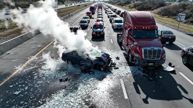 Highway collision between semi-truck and car. Smoke rising from damaged vehicle amid debris and traffic backup. Aerial drone shot of road accident scene with emergency response vehicles.