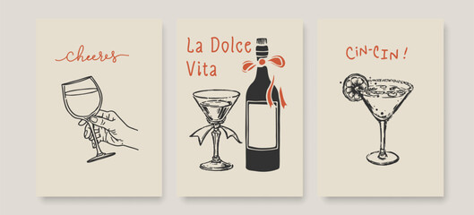 La Dolce Vita Wall Art Poster Set. Wall Art Prints with Wine Bottle and Wine Glasses in Italian Style. Hand Drawn Sketch Wine, Cocktail Glass Drawing. Vector Ink Line Art Design for Party, Wall D&eacute;cor,