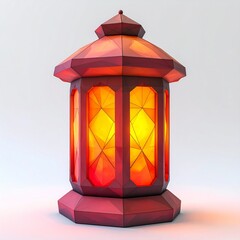 Red and Orange Low Poly Lantern with Glowing Light on White Background