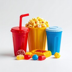 Colorful Snacks with Drinks and Popcorn on a White Background Studio Shot