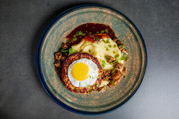 A vibrant plate with a hearty patty, sunny egg, and rich sauce over creamy mashed potatoes