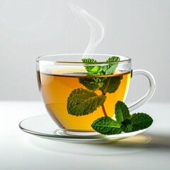 Clear Glass Teacup with Steaming Herbal Tea and Fresh Mint Leaves on White