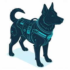 Isometric Dark Blue Dog Wearing a Harness on White Background