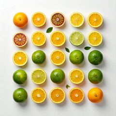 Overhead View of Colorful Citrus Fruit Slices on White Background Tabletop
