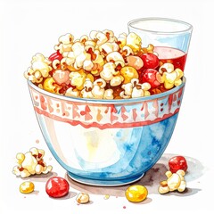 Watercolor Bowl Full of Popcorn and Red Candies with Glass of Juice