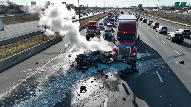 Drone shot of semi truck colliding with car on highway. Red vehicle wreckage scatters debris amid rising smoke. Aerial view captures road accident emergency response.