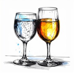 Two Wine Glasses Side by Side with Water and Yellow Beverage Illustration
