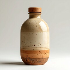 Ceramic Bottle with Speckled Glaze and Wooden Stopper on White Backdrop