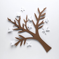 Brown Bare Tree with White Paper Snowflakes on White Background