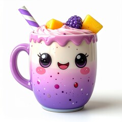 Cute Kawaii Style Mug with Pink Frosting and Fresh Fruit Toppings