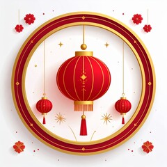 Circular Red and Gold Chinese Lantern Decoration on White Background