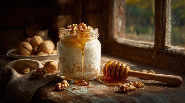 World Quark Day: Healthy breakfast scene with quark in a glass jar, honey drizzle, walnuts, rustic wooden table, sunlight from the side