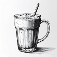 Monochrome Illustration of Frothy Drink with Straw in Glass Mug
